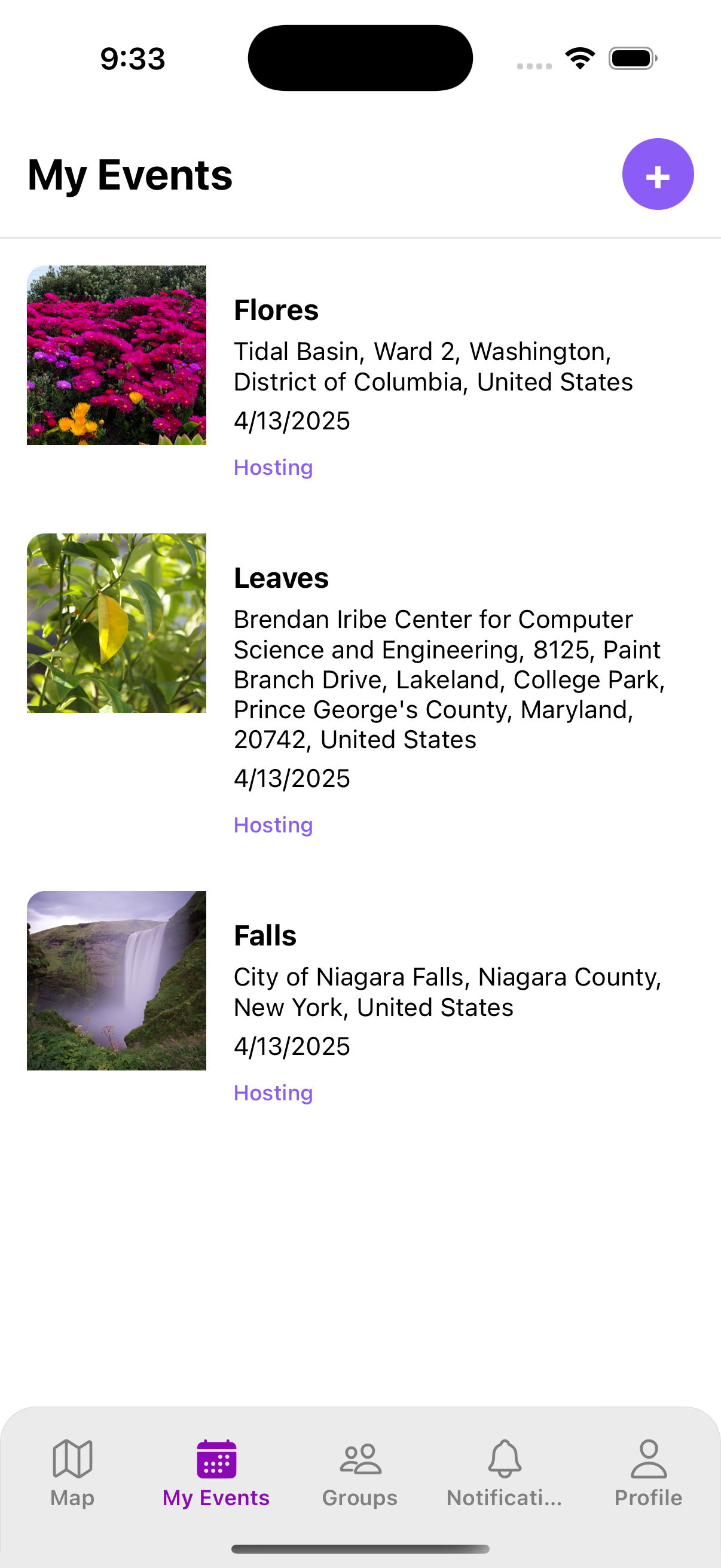 Gather App Events Screen